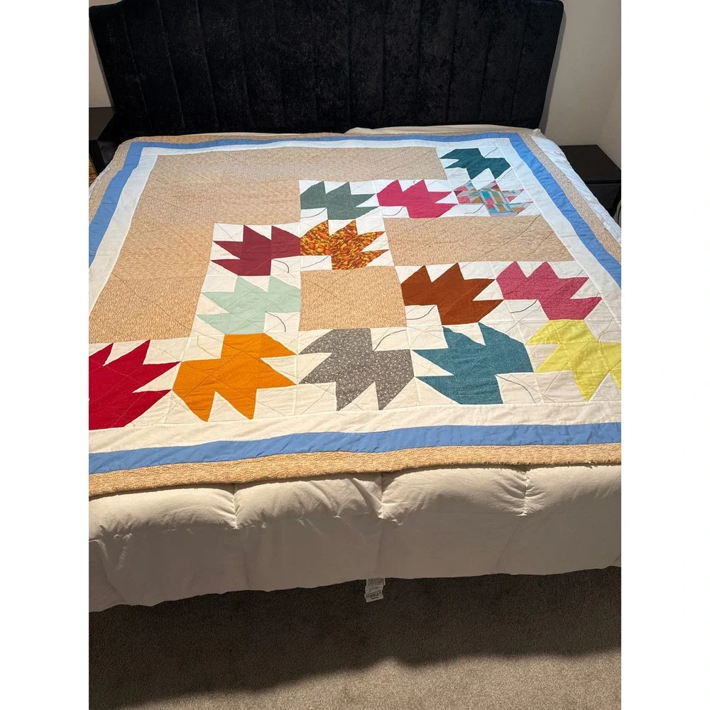 Antique Handmade Maple Leaf Quilt Queen 75x73 Patchwork Cotton Autumn Fall Read